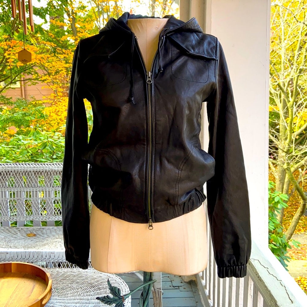 Lucky Brand Genuine Leather Black Bomber Jacket w. Hood XS